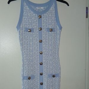 Blue and White Sleeveless Mini Dress with Gold Accent Buttons
